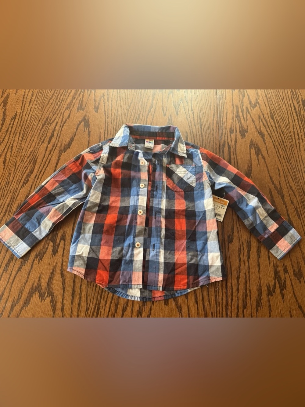 NWT Boys 3T Healthtex Long Sleeve Button Down Up Blue Orange Plaid Dress Shirt